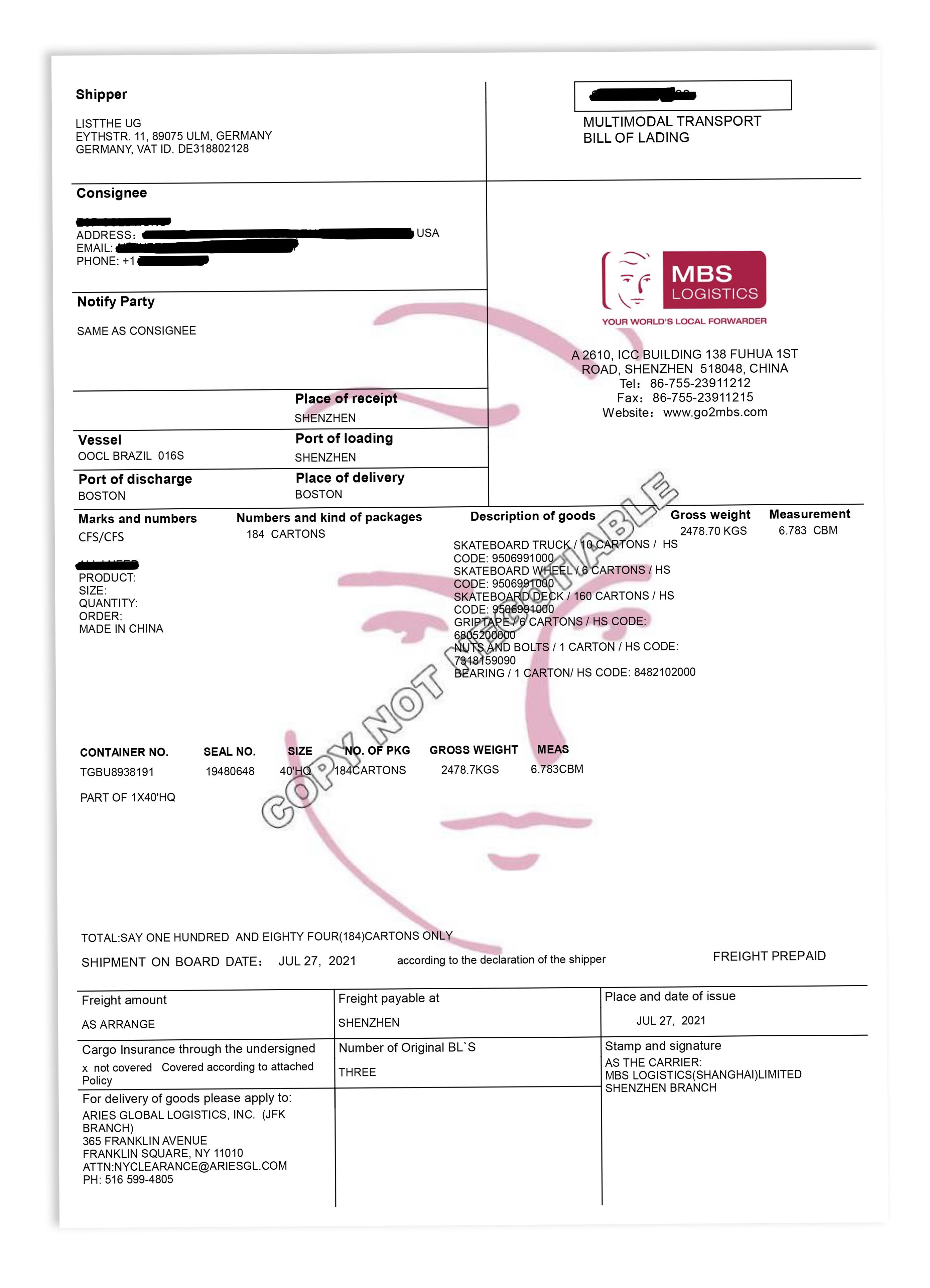 Bill of Lading example